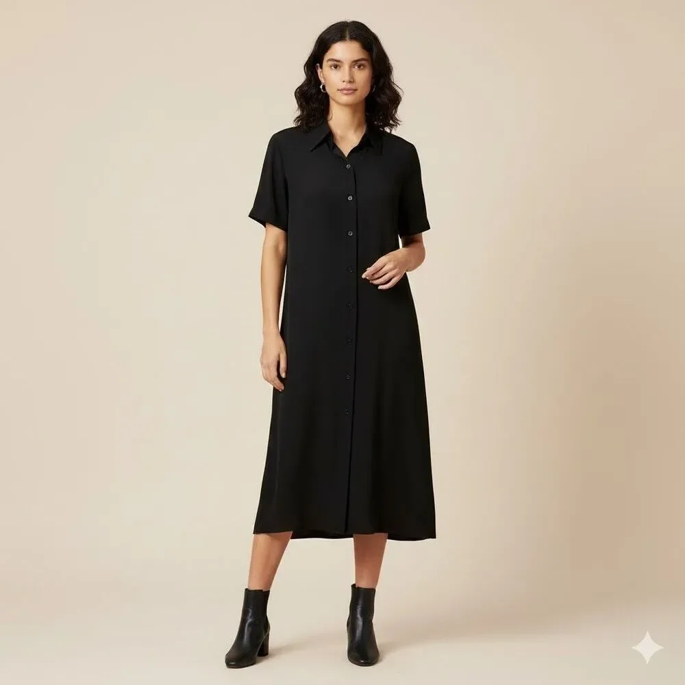 Chanel Black Silk Shirt Dress Womens Size 36 US 4 Short Sleeve Collar Minimalist